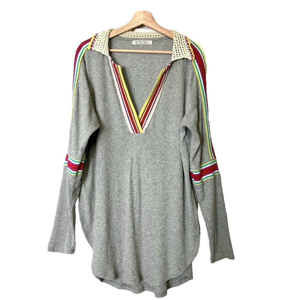 FP Feeling Magical Grey Ribbed Oversized Tunic Crochet Collar Racing Stripe - Picture 2 of 13